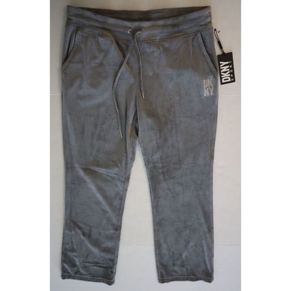 DKNY Sport DP2P3138 Women's Sz L Steel Gray Rhinestone Logo Velour Track Pants - Picture 3 of 10